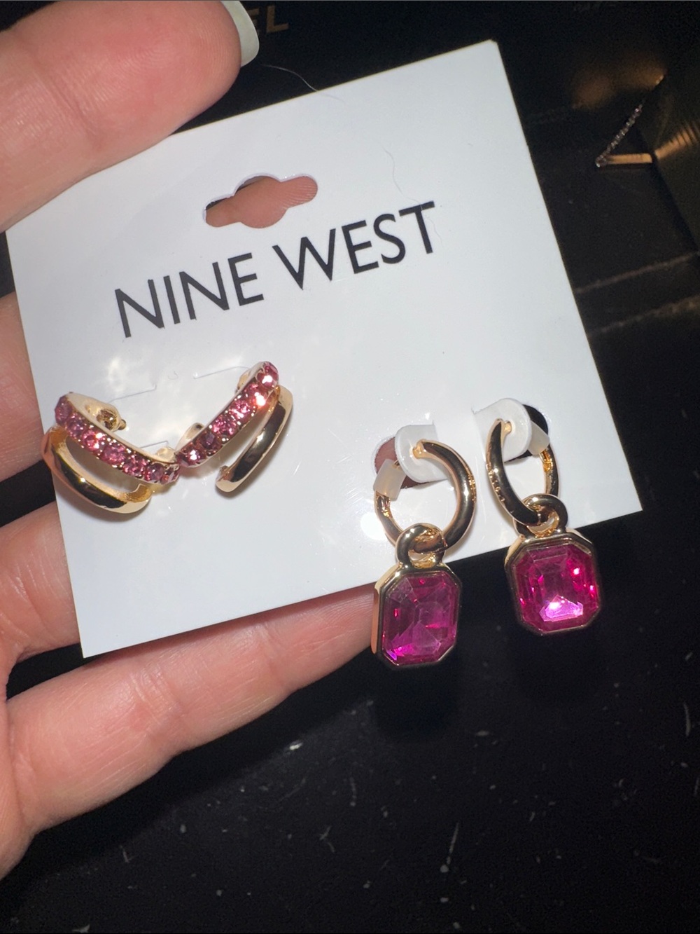 Nine West Gold-Tone Earrings with Pink Crystals - 2 -Pair Set